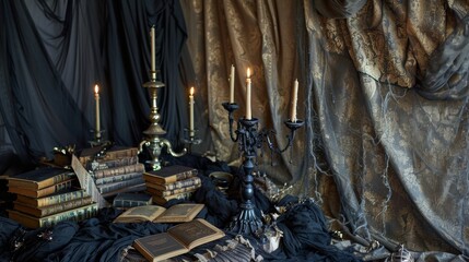 Gothic halloween decor with candelabras and books