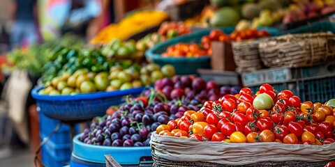 Obraz premium A rich assortment of fresh fruits and vegetables fills multiple baskets and bins at a bustling outdoor market, showcasing diversity and providing a healthy feast for shoppers.