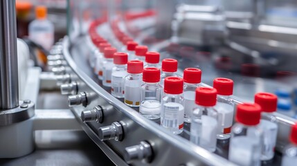 Fototapeta premium Close-up of medical vials moving on a conveyor belt in a state-of-the-art pharmaceutical production facility, with advanced machinery and sterile conditions.