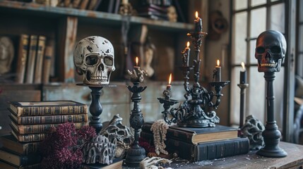 Fototapeta premium Gothic halloween decor with skulls and candelabras on a bookshelf