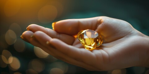 A close-up shot of a hand presenting a beautifully cut, brilliant yellow gemstone, highlighting its clarity and brilliance under the warm sunlight, signifying joy and prosperity.