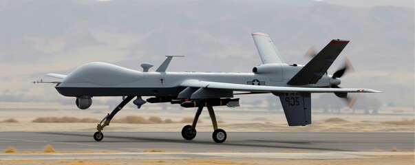 A gray military UAV taxiing on a desert airstrip at dawn, with sunlight casting a soft glow on the runway and the aircraft’s structure being fully visible.