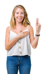 Beautiful young woman over isolated background Swearing with hand on chest and fingers, making a...