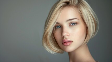 Fototapeta premium Beautiful Blonde Woman with Short Bob Haircut in Gray Background