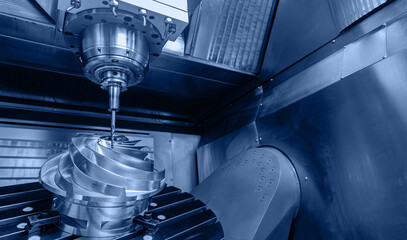 Producing turbine wheel and blades part with CNC drill machine five axis lathe. Concept modern technology for industry