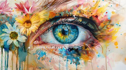 Fototapeta premium Paint, abstract, texture, watercolor, flowers, eyes