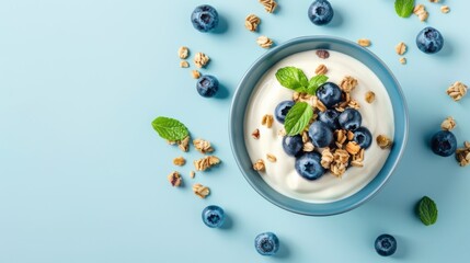 Top view of a bowl of yogurt with granola and blueberries on a blue surface