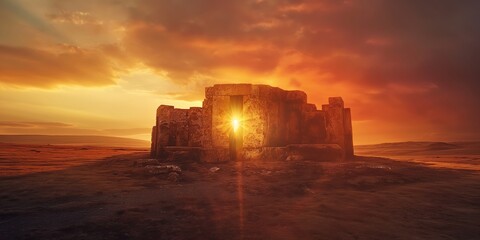 Obraz premium A stunning ancient stone structure illuminated by the setting sun, set against a serene and expansive landscape, creating a beautiful and peaceful sight.