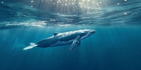 Fototapeta premium A beautiful underwater image showcasing a majestic whale gliding gracefully through the ocean depths, with sunlight filtering through the surface, creating a serene atmosphere.