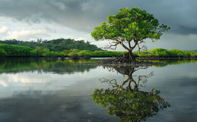 A large tree is reflected in the water by AI generated image