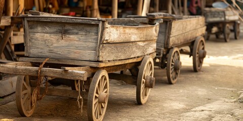 Obraz premium Two vintage wooden carts are set outside in a rustic setting, capturing the essence of countryside simplicity and historical charm, perfect for representing rural life.