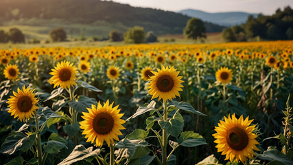 Fototapeta premium summer natural landscape with sunflowers mountains background
