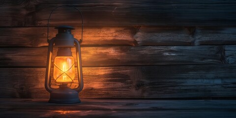 An old-fashioned metal lantern emitting a warm, soft glow that bathes a dark, wooden wall in light, creating a cozy and nostalgic atmosphere reminiscent of bygone eras.