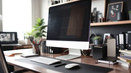 Fototapeta premium A creative designer workspace featuring a sleek computer, sketches, and various design tools arranged on a stylish desk