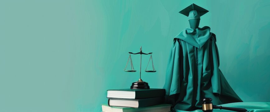 The photo shows a green graduation cap and gown with a black stole and a gold honor cord draped over the gown. A gavel rests on a closed book in front of the gown.