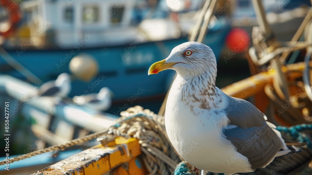 Sticker Close up portrait of a white seagull on a boat in a fishing harbor