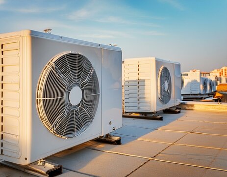 Square air-conditioning unit on the roof with a round fan. In the background gradually receding other units that are out of focus. On the right side light blue sky and commercial space