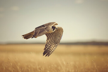Fototapeta premium A falcon soars at high speed, wings tucked, in pursuit of prey over open fields