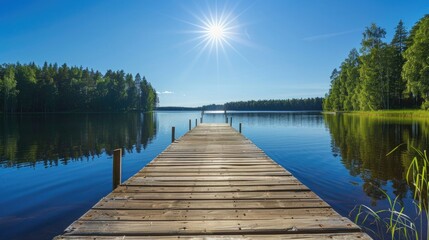 Beautiful Lake in Traditional Finnish Ambience: Rustic Wooden Dock on a Summer Day