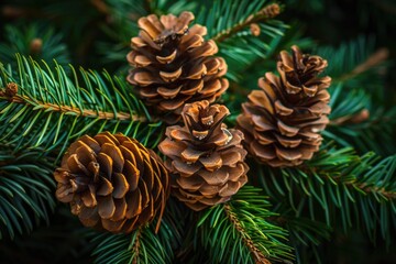 Fototapeta premium Beautiful Siberian Pine Cones on Tree Branch for Christmas Decoration