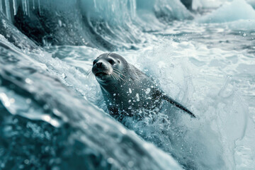 A seal slides into the ocean from an icy ledge, creating ripples and splashes