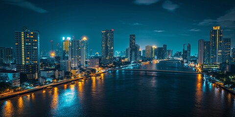 Fototapeta premium A captivating night view of a city skyline featuring illuminated skyscrapers and their reflections on the river, showcasing the bustling urban life and modern architecture.