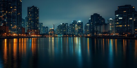 Obraz premium A stunning cityscape view with buildings illuminated at night, their bright lights reflecting beautifully in calm, still water under a dark, cloudy sky.