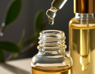 close up of pipette with pouring liquid serum with golden bottle and shadows