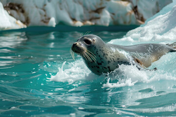 Fototapeta premium A seal slides into the ocean from an icy ledge, creating ripples and splashes