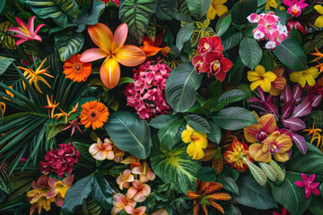 A vibrant top-down view of a tropical garden filled with exotic flowers