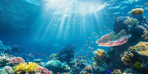 Fototapeta premium Beautiful underwater scene showcasing rays of sunlight piercing through the water, illuminating vibrant corals and a variety of colorful fish swimming around.