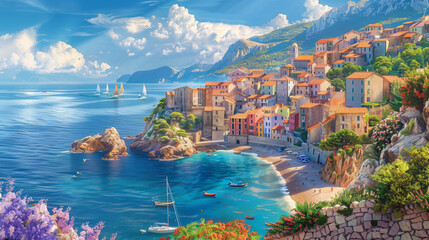 Fototapeta premium Beautiful small town on the sea, surrounded by sandy beaches and cliffs, houses with red roofs, boats in port