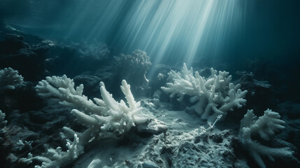 dead white coral under the warmer sea with sun ray  without life,Climate Change concept