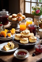 delicious freshly baked scones clotted cream, food, dessert, pastry, sweet, tasty, snack, treat, homemade, traditional, crumbly, golden, warm, buttery