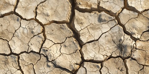 A close-up image of cracked, dry earth highlighting the intricate details of its texture, symbolizing drought, arid conditions, and environmental challenges.