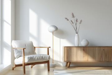 A minimalist corner with a wooden chair, a sideboard, and decorative items, radiating warmth and simplicity through natural light.