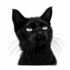 A black cat with white eyes looks up at the camera