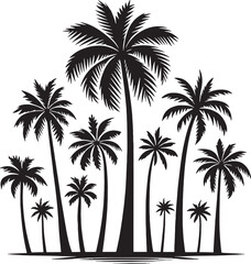 A black and white vector silhouette illustration of a palm trees