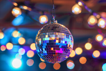 A vibrant disco ball reflects colorful light in a lively setting, capturing the essence of a festive night.