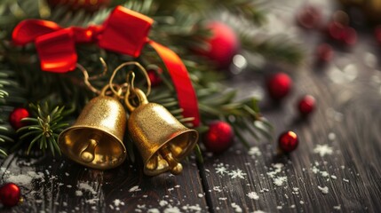 Festive gold bells adorned with red ribbon on christmas tree branch