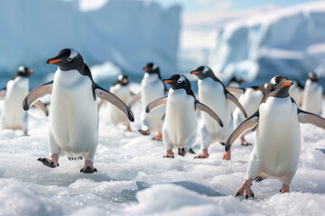 Obraz premium Penguins waddle across the ice, some sliding on their bellies, in an Antarctic scene