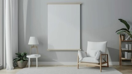 Modern living room interior mockup with white chair and blank canvas