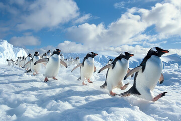 Penguins waddle across the ice, some sliding on their bellies, in an Antarctic scene