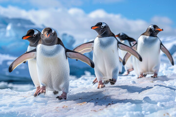 Fototapeta premium Penguins waddle across the ice, some sliding on their bellies, in an Antarctic scene