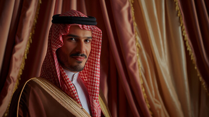 Obraz premium Dressed in traditional Arabic outfit, a standing and dynamic Arabic handsome guy posing by a luxurious velvet curtain, front light, smiling brightly and looking directly into the c