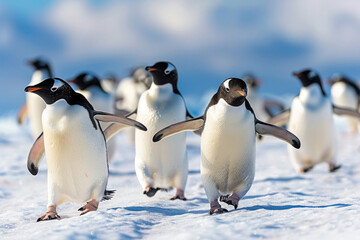 Obraz premium Penguins waddle across the ice, some sliding on their bellies, in an Antarctic scene