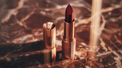 Rose gold lipstick on marble surface