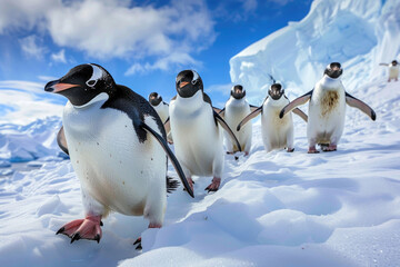Fototapeta premium Penguins waddle across the ice, some sliding on their bellies, in an Antarctic scene
