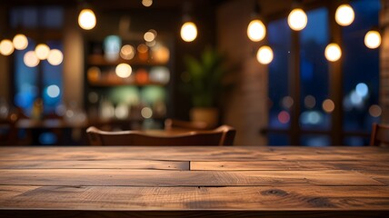 Empty wooden table top with lights bokeh on blurred restaurant background