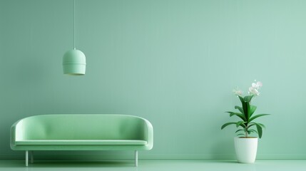A stylish apartment living room decorated in shades of green, with minimalist furniture and decor creating a sleek and contemporary look. The image provides ample copy space for adding text or